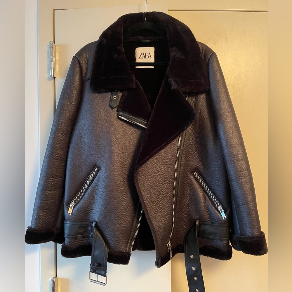 ZARA Black Faux Leather and Shearling Jacket